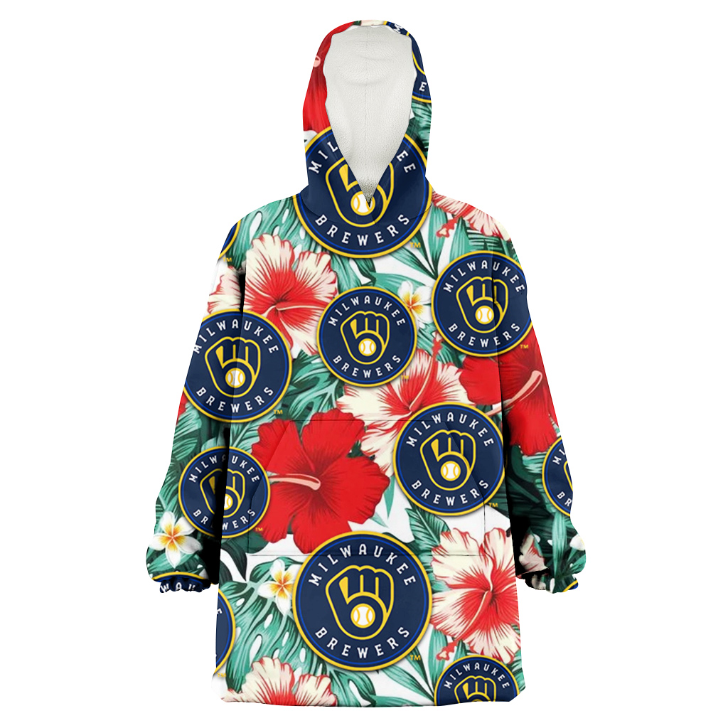 Milwaukee Brewers Red Coral Hibiscus White Porcelain Flower Banana Leaf 3D Printed Hoodie Blanket Snug Hoodie