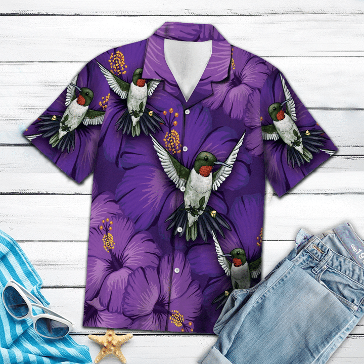 Hawaiian Shirt Blossom Purple Hibiscus With Hummingbird Hawaiian Shirt For Men