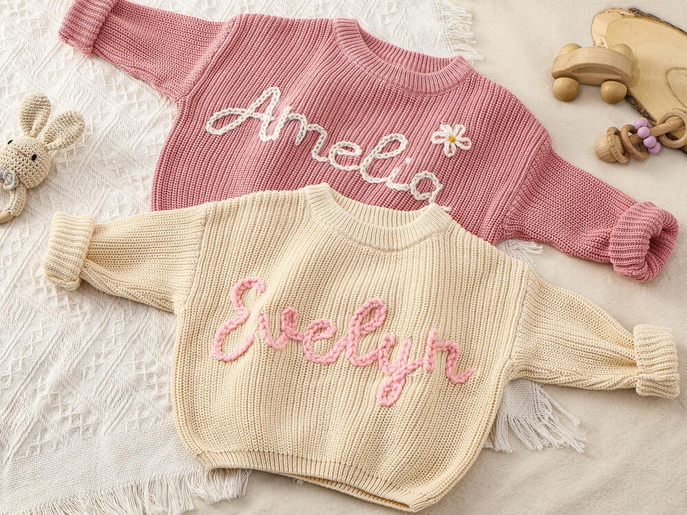 Custom Baby Name Sweater, Embroidered Children Sweatshirt, Baby Shower Gifts, Gift For Newborn, Knit Sweater Toddler, Baby Birthday Gift Designed By Lightmyshirt