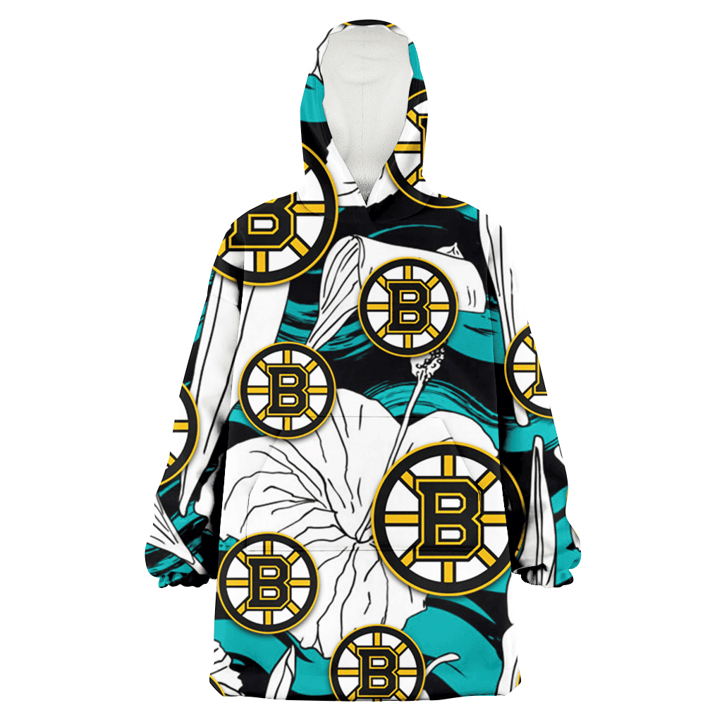 Boston Bruins White Hibiscus Turquoise Wave Black Background 3D Printed Hoodie Blanket Snug Hoodie