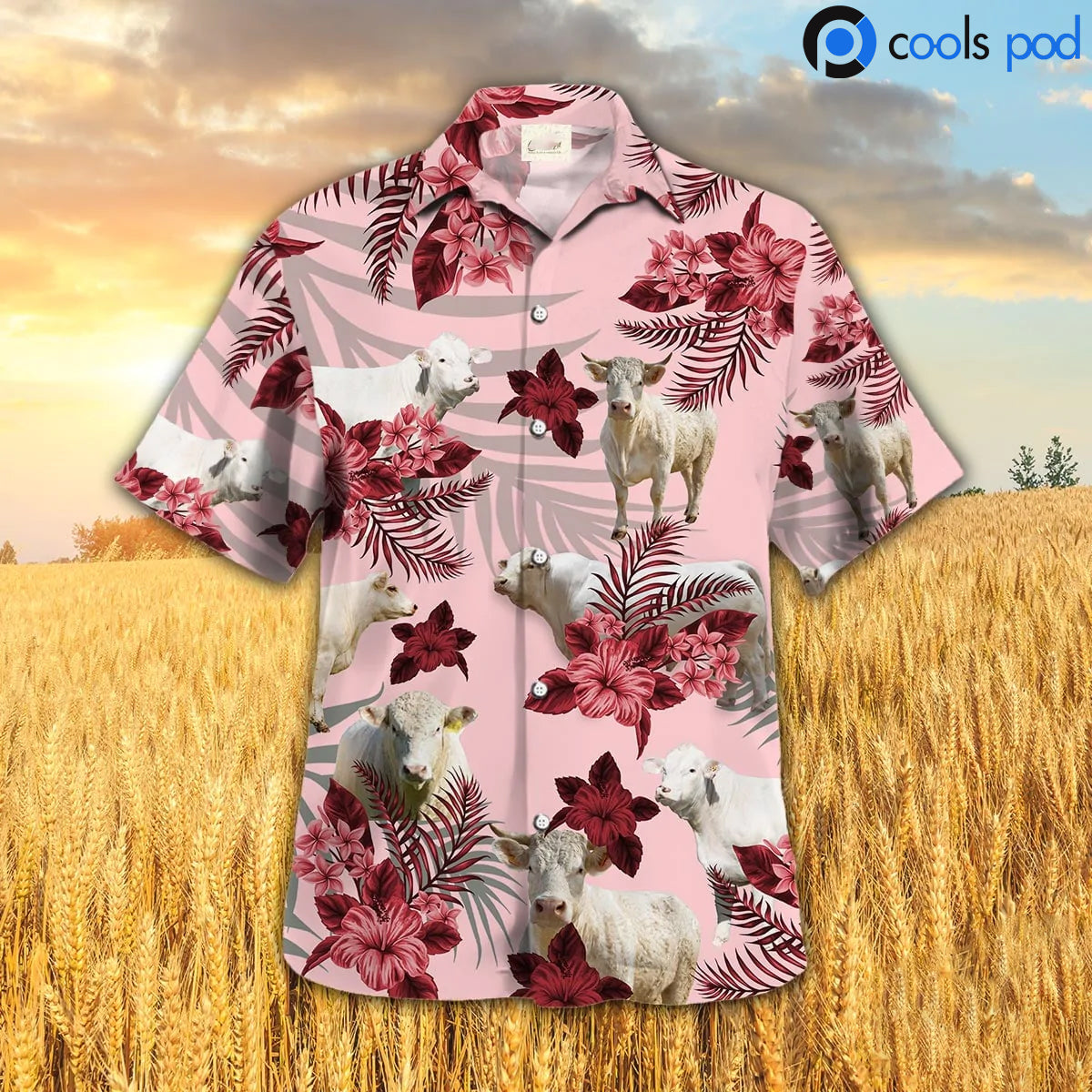 Charolais Hibiscus Hawaiian Shirt, Red Hawaiian Shirt For Farmer, Farm Hawaii Shirts