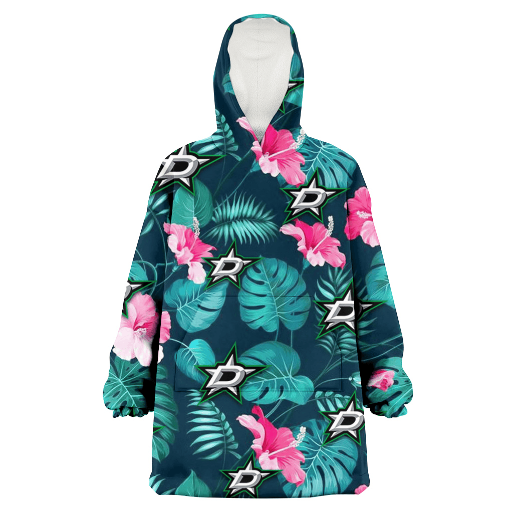 Dallas Stars Pink Hibiscus Green Leaves Dark Background 3D Printed Hoodie Blanket Snug Hoodie