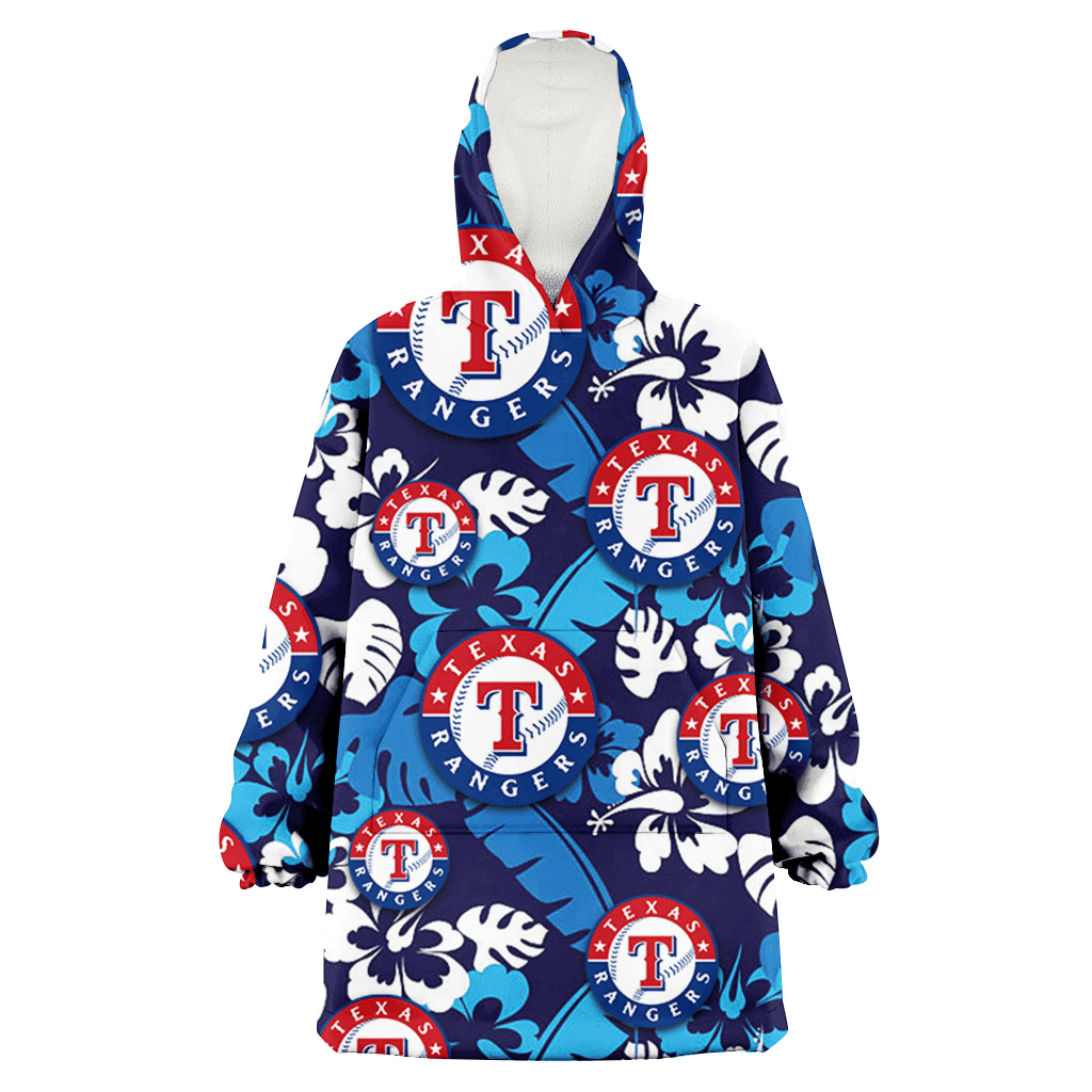 Texas Rangers Light Blue Hibiscus Banana Leaf Navy Background 3D Printed Hoodie Blanket Snug Hoodie