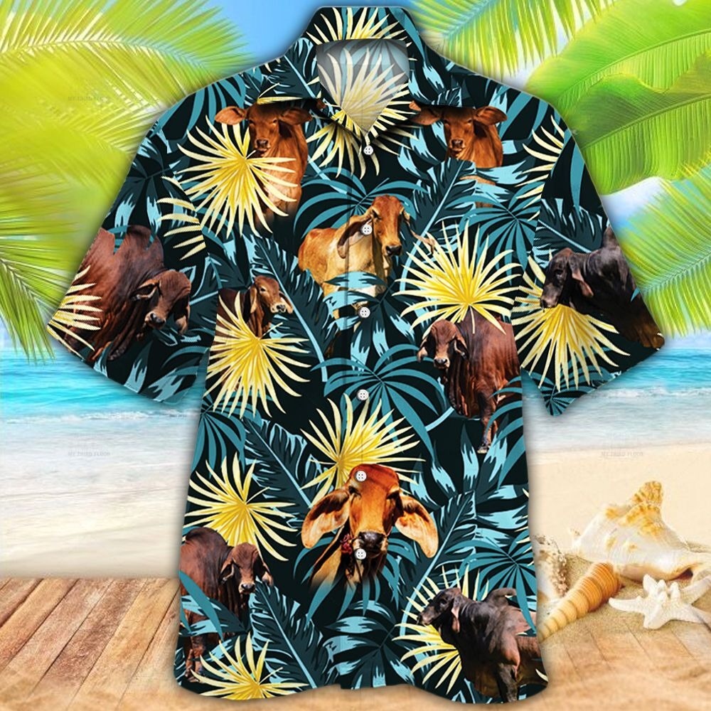 Red Brahman Cattle Lovers Blue And Yellow Plants Hawaiian Shirt For Men And Woman, Red Brahman 3D Beach Aloha Shirt For Summer