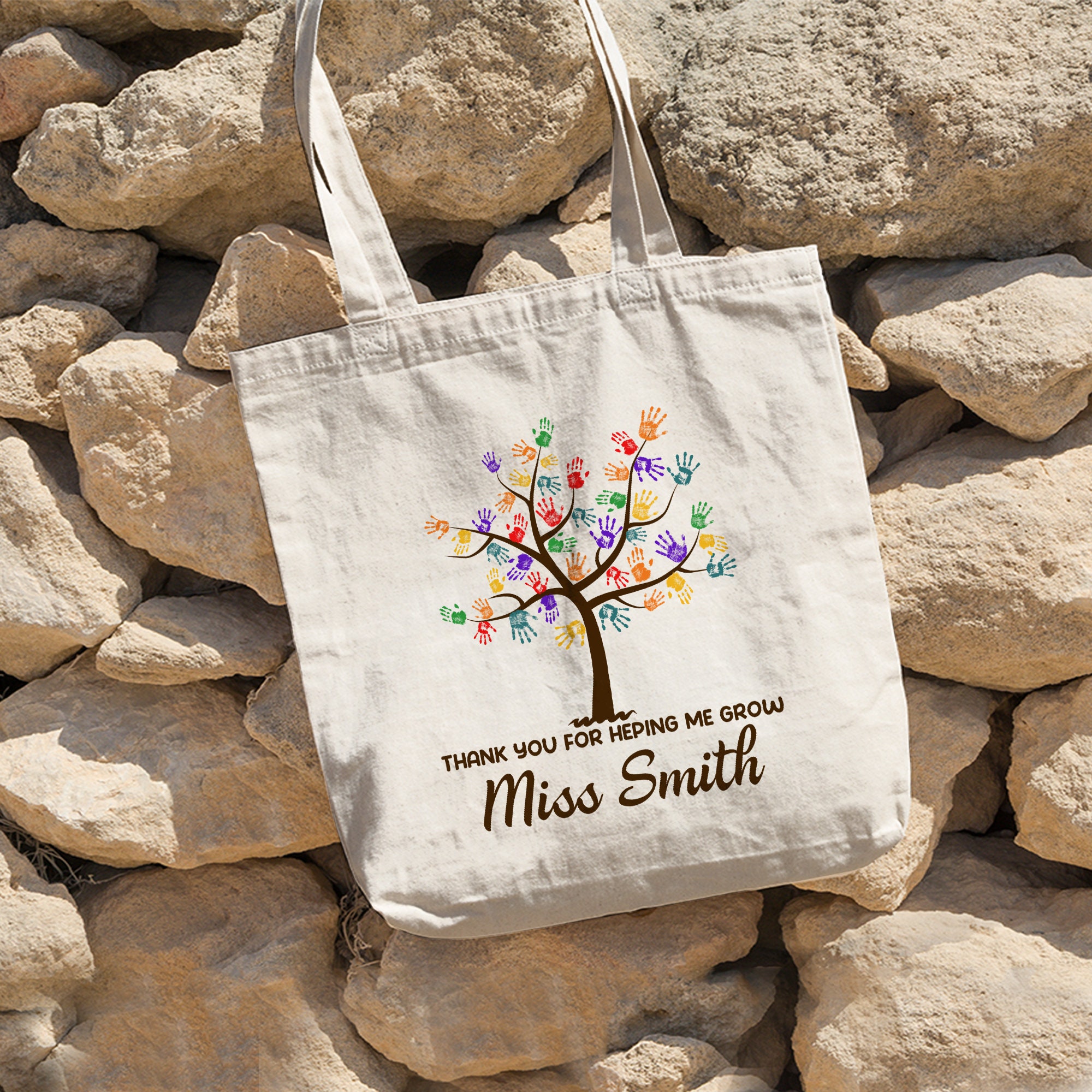 Handprint Tree Teacher Tote, Thanks For Helping Me Grow, Teacher Appreciation Gifts For Teacher, Canvas Tote Bag for Teacher Name Tote Bag