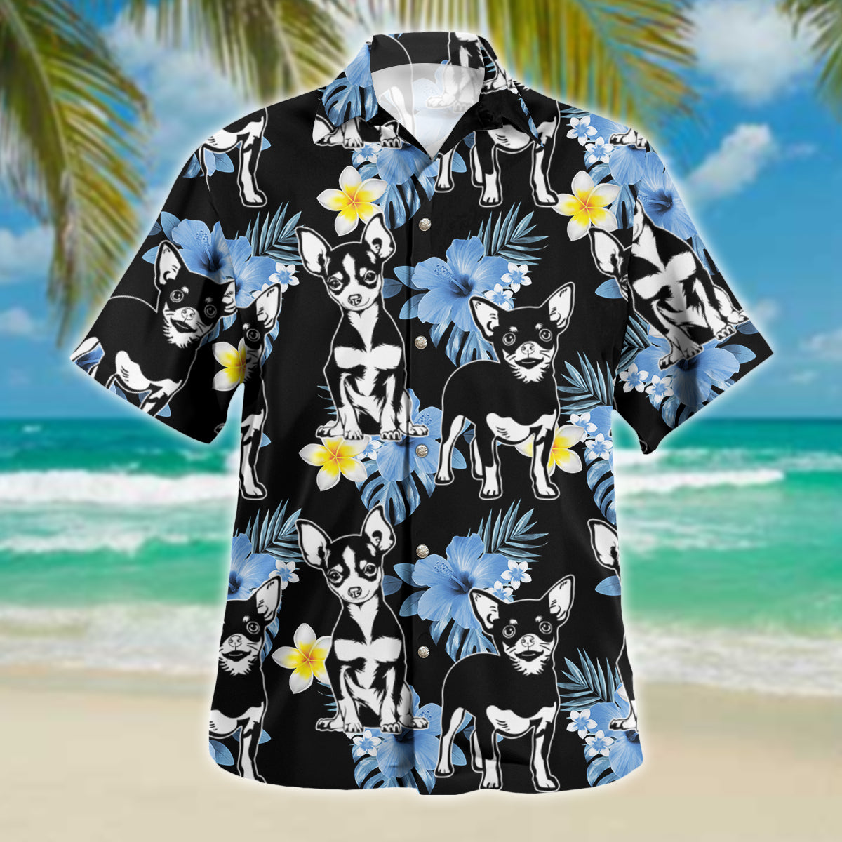 Chihuahua Dog Hawaiian Shirt Blue Hibiscus Silhouette, Gift For Dog Lovers