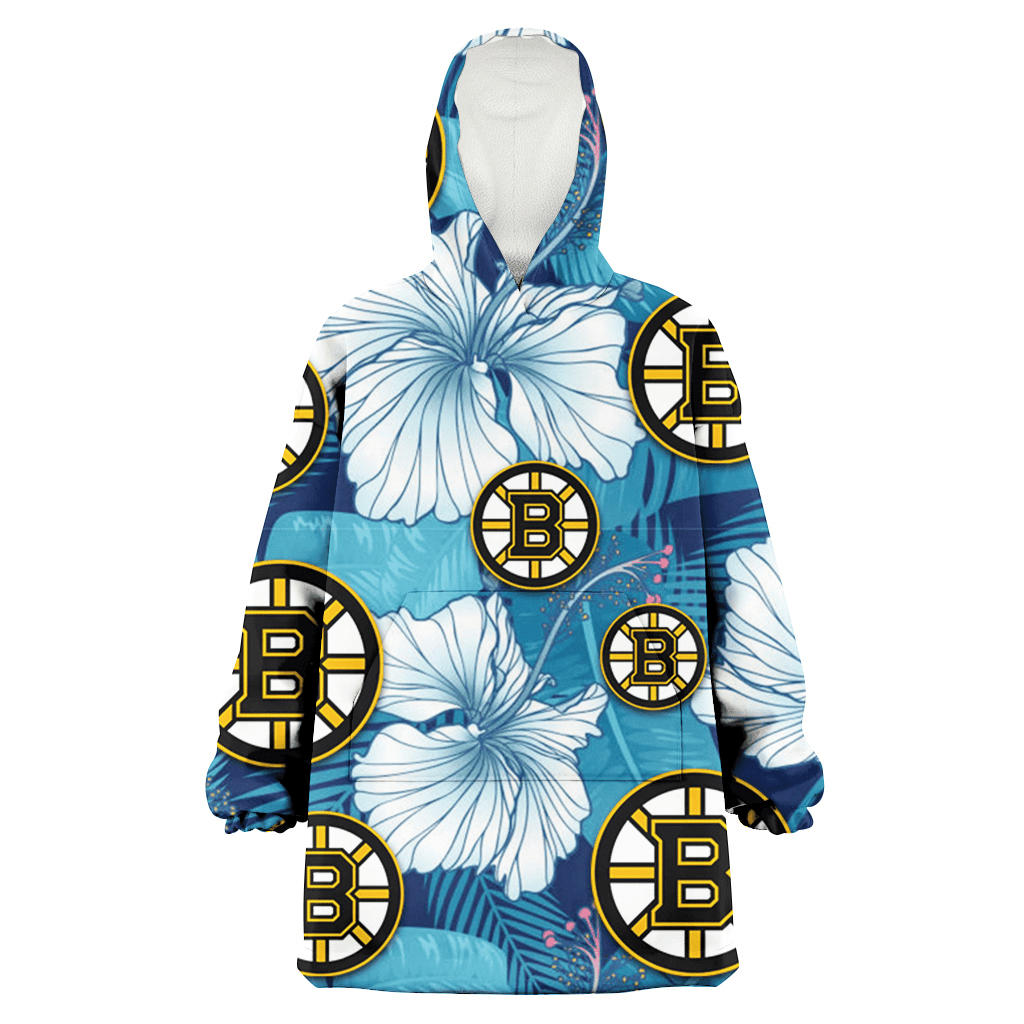 Boston Bruins White Hibiscus Turquoise Banana Leaf Navy Background 3D Printed Hoodie Blanket Snug Hoodie