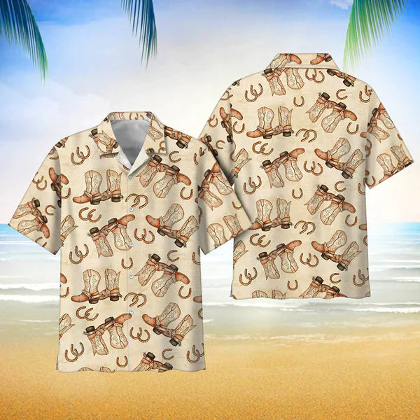 Cowboy Boots And Horseshoes Vintage Background Hawaii Shirt Button Down Short Sleeves Hawaiian Shirt