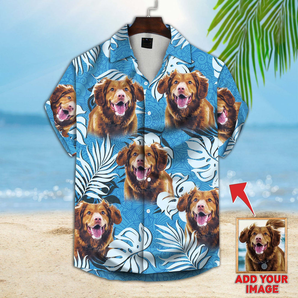 Custom Image Leaves Pattern Short-Sleeve Hawaiian Shirt Sea Blue Color, Dog Aloha Shirt For Men, Hawaii Shirt Woman