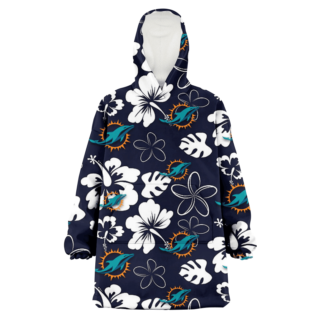 Miami Dolphins White Hibiscus Sketch Porcelain Flower Navy Background 3D Printed Hoodie Blanket Snug Hoodie