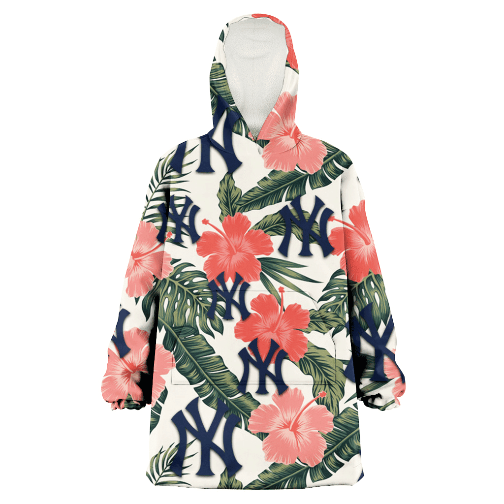 New York Yankees Pink Coral Hibiscus Banana Leaf Beige Background 3D Printed Hoodie Blanket Snug Hoodie