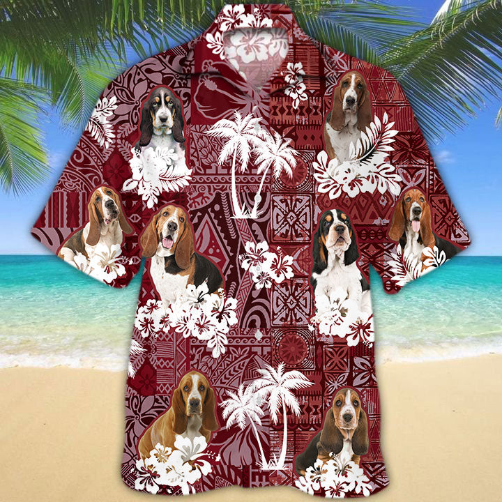 Basset Hound Hawaiian Shirt, Dog In Hawaiian Shirt Red Tribal Pattern