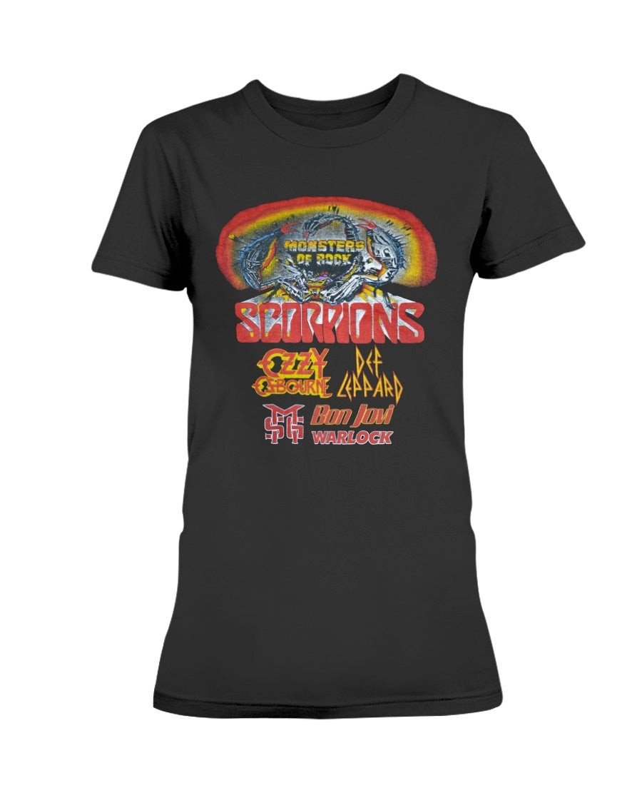 Vintage 1986 Monsters Of Rock Scorpions Ozzy Def Leppard Bon Jovi Warlock Concert Ladies T Shirt 070721