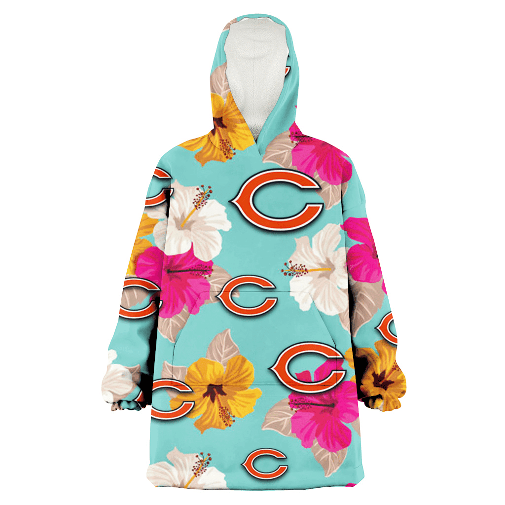 Chicago Bears Pink Yellow White Hibiscus Turquoise Background 3D Printed Hoodie Blanket Snug Hoodie
