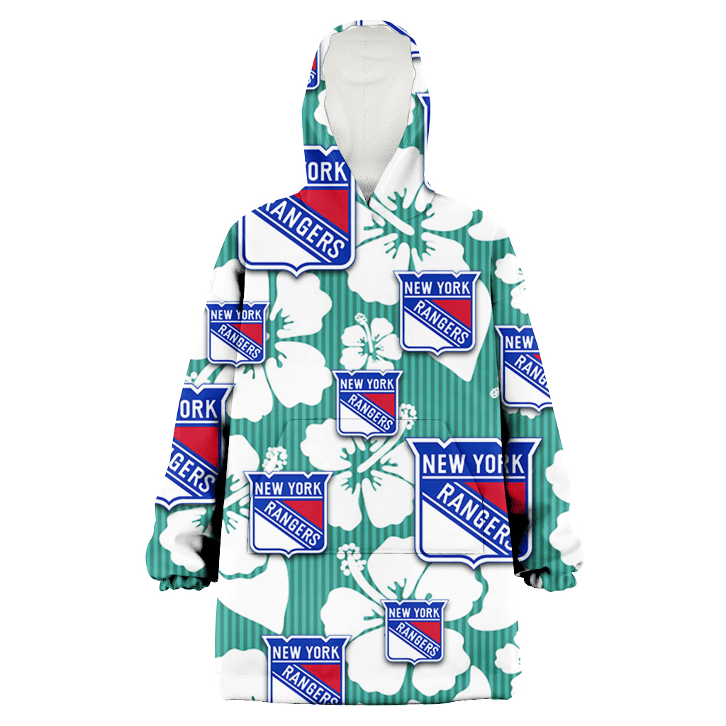 New York Rangers White Hibiscus Turquoise Stripe Background 3D Printed Hoodie Blanket Snug Hoodie