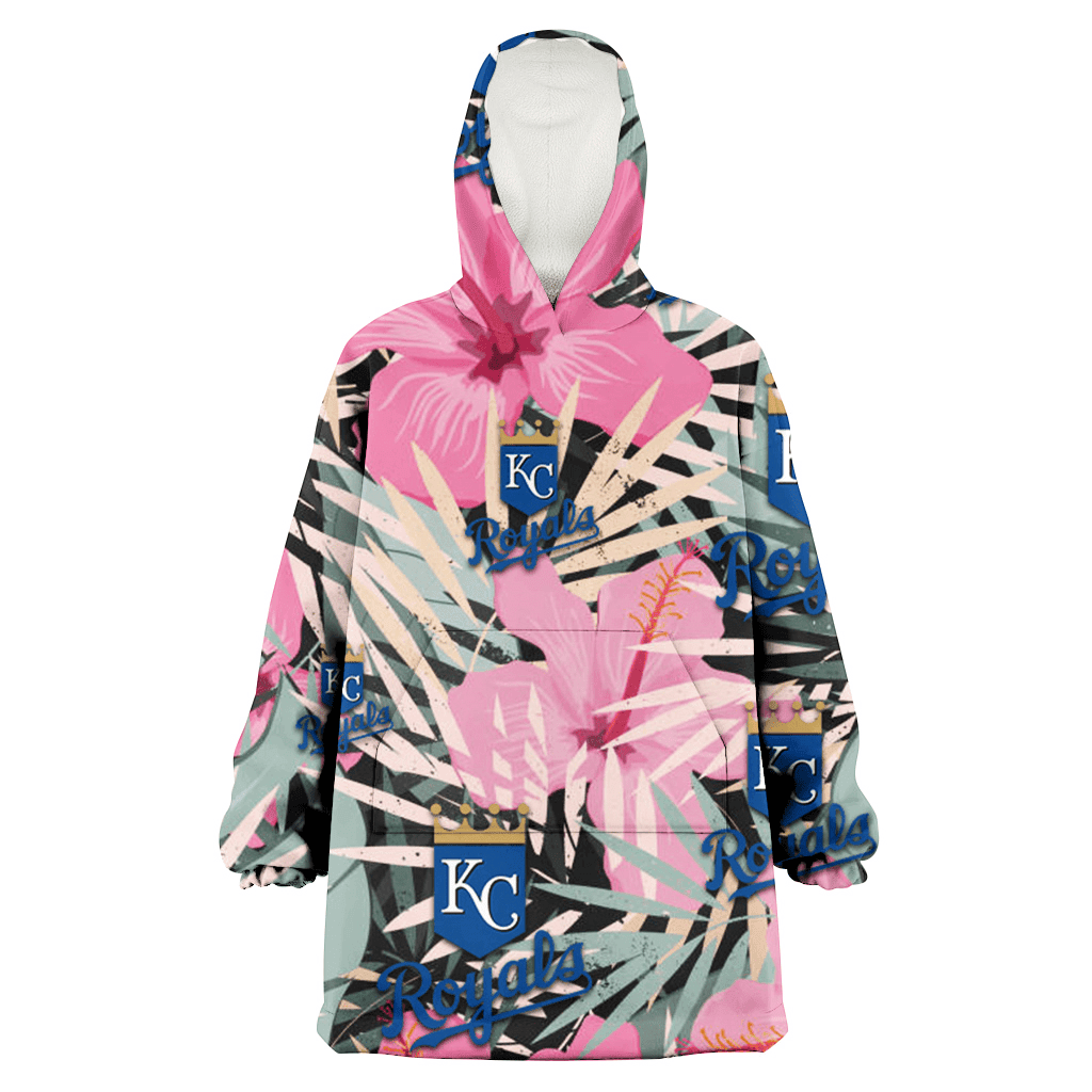 Kansas City Royals Light Pink Hibiscus Pale Green Leaf Black Background 3D Printed Hoodie Blanket Snug Hoodie