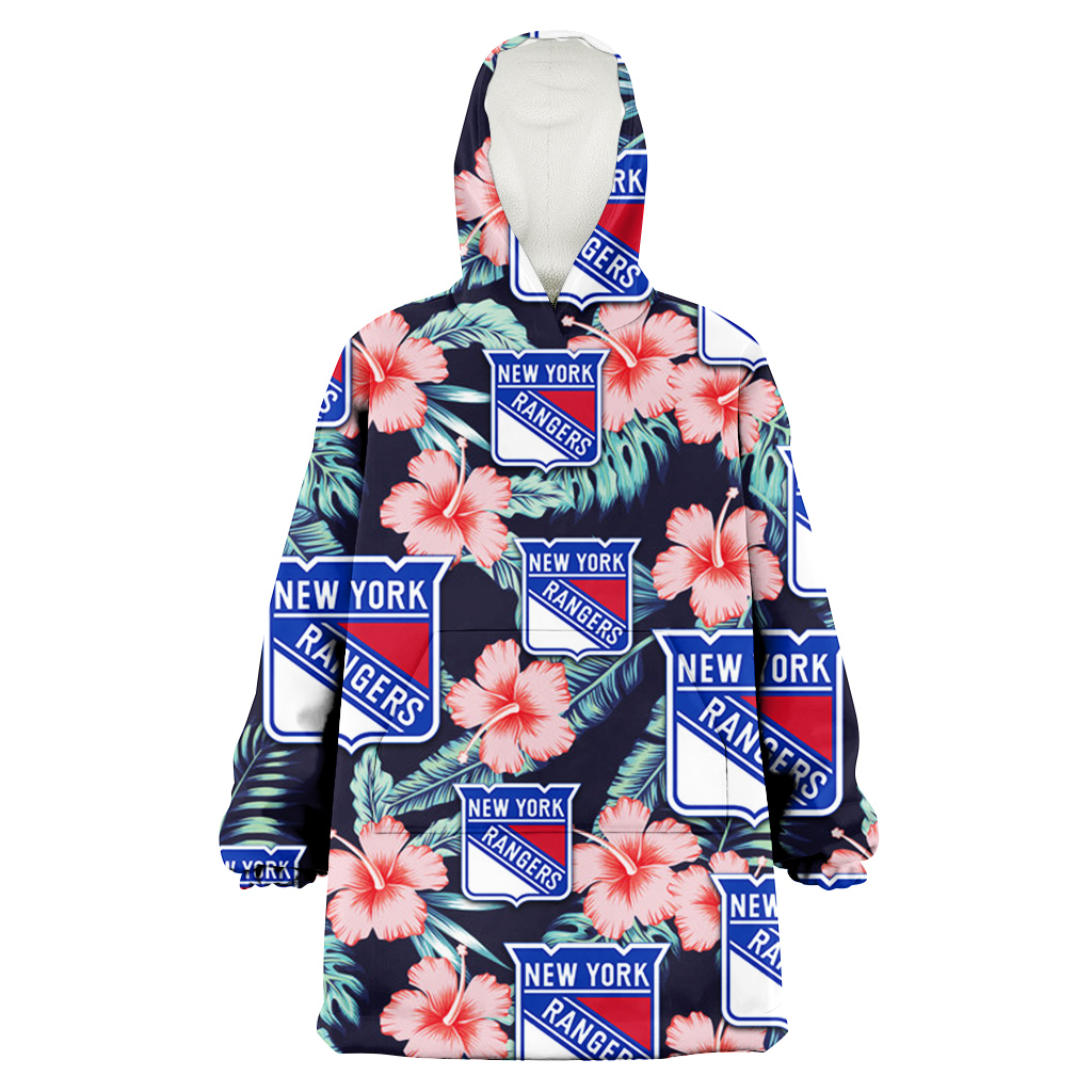 New York Rangers Coral Hibiscus Green Banana Leaf Black Background 3D Printed Hoodie Blanket Snug Hoodie