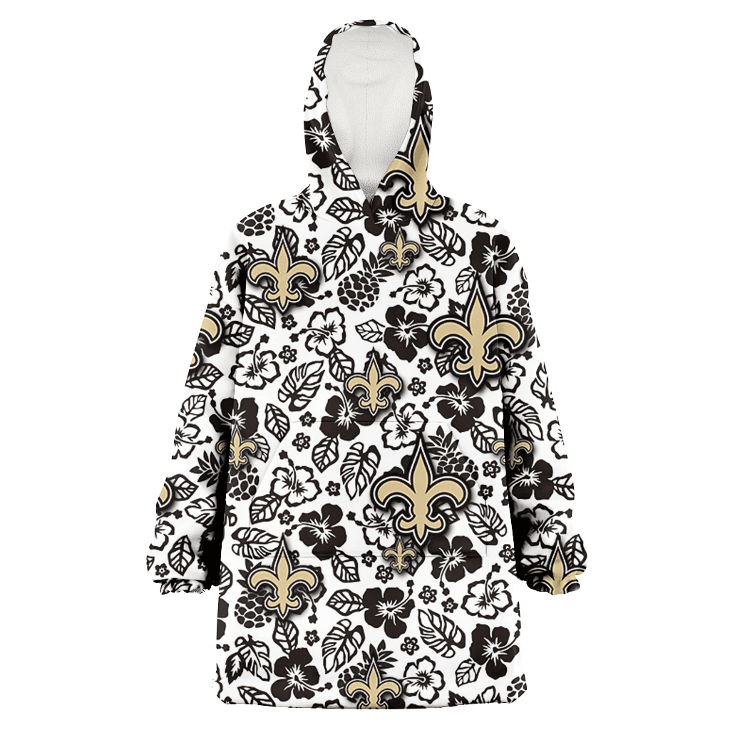 New Orleans Saints Black And White Hibiscus Leaf White Background 3D Printed Hoodie Blanket Snug Hoodie