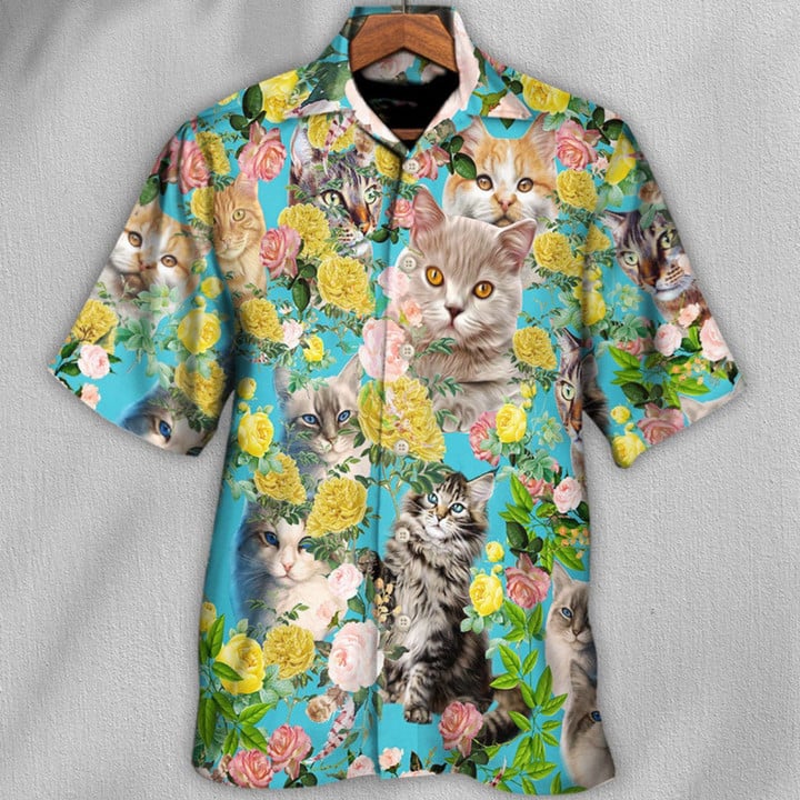 At With Flowers Hawaiian Shirt, Cat Lovers Gift, Summer Vibe Hawaiian Shirt For You, Hawaiian Shirt For Summer Vacation