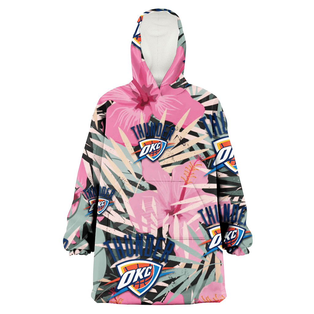 Oklahoma City Thunder Light Pink Hibiscus Pale Green Leaf Black Background 3D Printed Hoodie Blanket Snug Hoodie