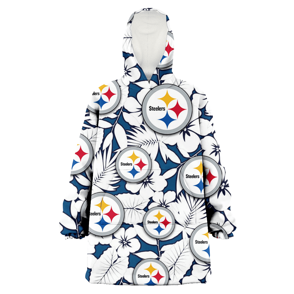 Pittsburgh Steelers White Hibiscus And Leaves Blue Background 3D Printed Hoodie Blanket Snug Hoodie