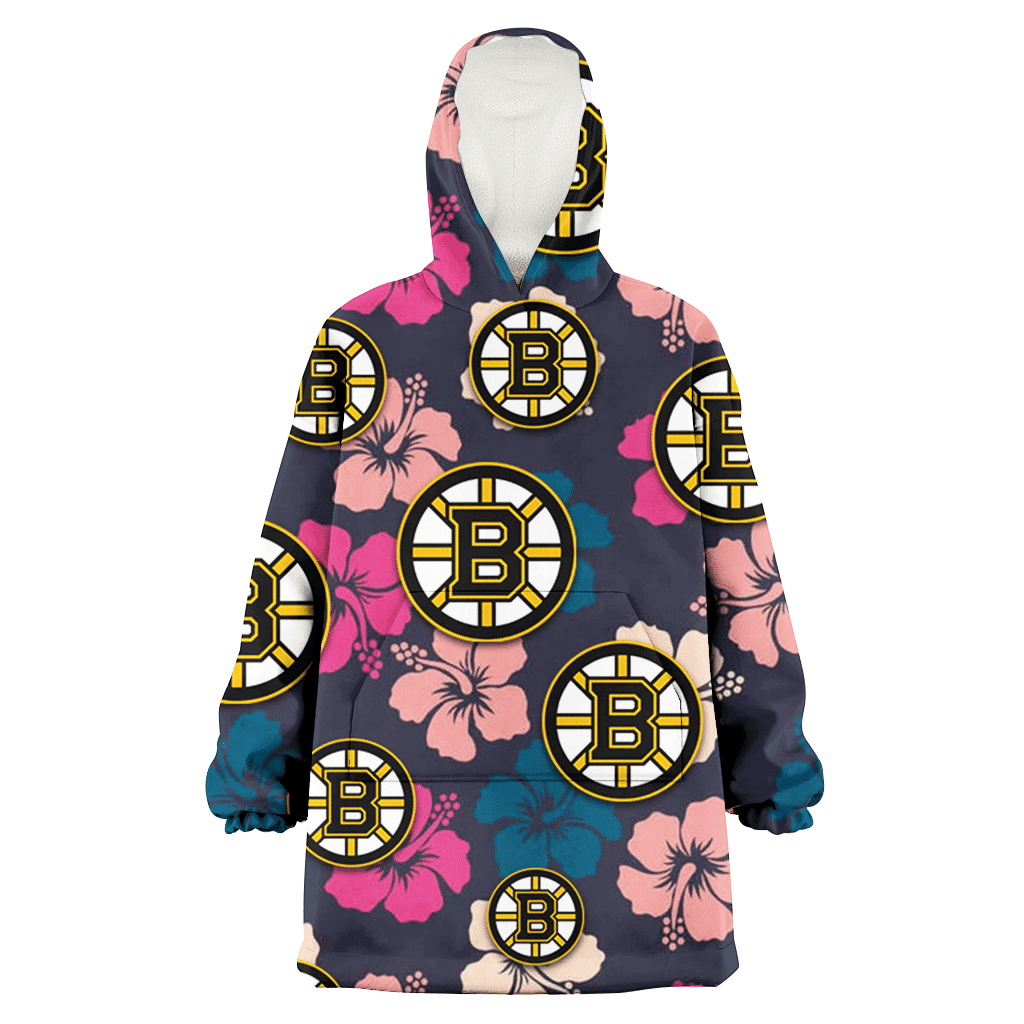 Boston Bruins Colorful Hibiscus Black Background 3D Printed Hoodie Blanket Snug Hoodie