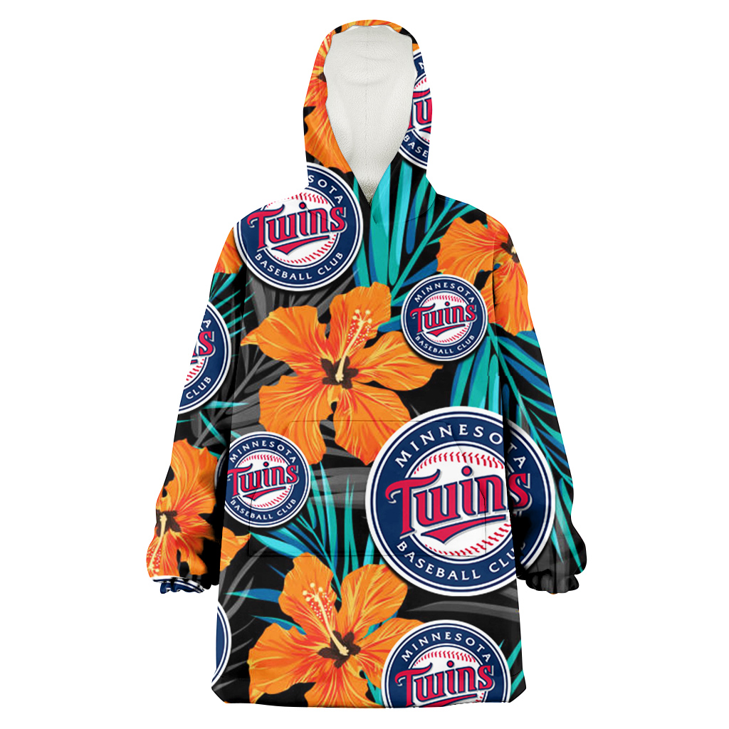 Minnesota Twins Orange Hibiscus Blue Gray Leaf Black Background 3D Printed Hoodie Blanket Snug Hoodie