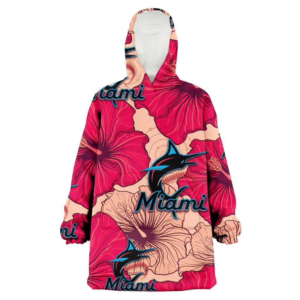 Miami Marlins Red Beige Hibiscus Beige Background 3D Printed Hoodie Blanket Snug Hoodie