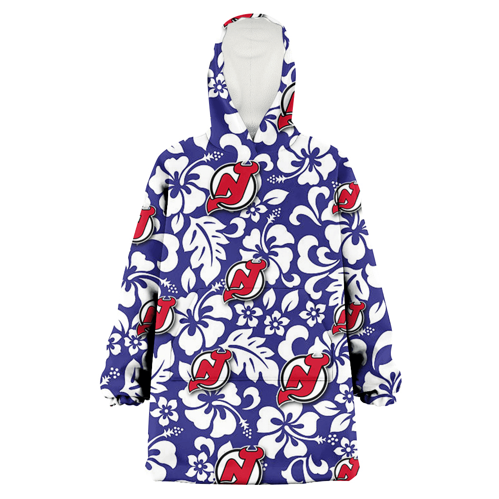 New Jersey Devils White Hibiscus Pattern Slate Blue Background 3D Printed Hoodie Blanket Snug Hoodie