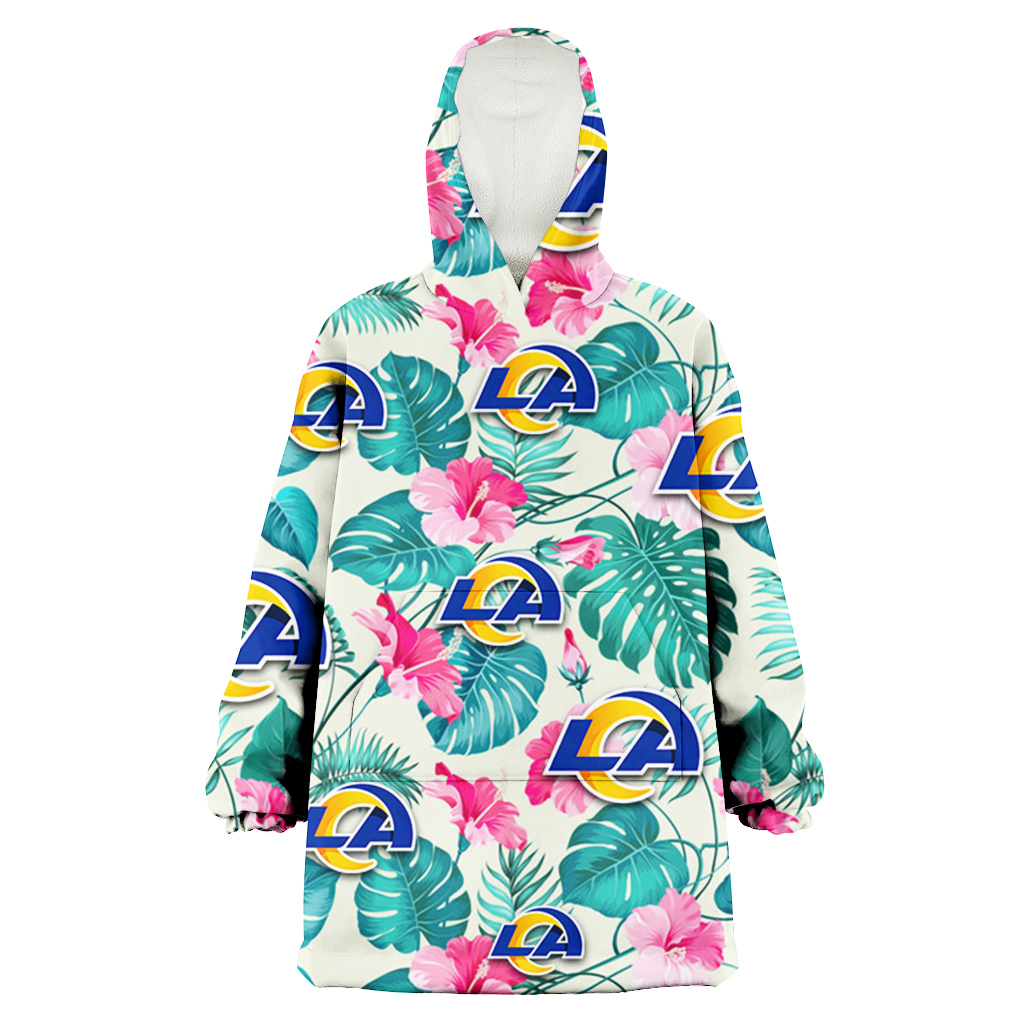 Los Angeles Rams Pink Hibiscus Green Leaf Beige Background 3D Printed Hoodie Blanket Snug Hoodie