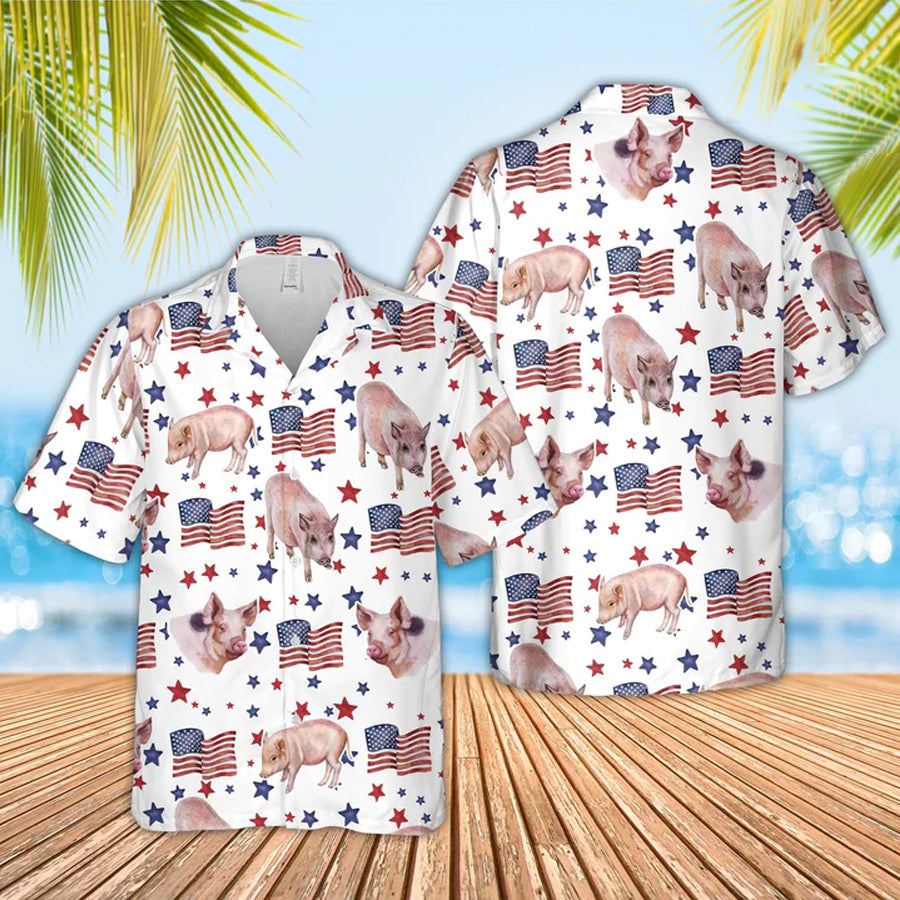 Pig American Flag Pattern Hawaiian Shirt, Funny Pig Hawaiian Shirt, 4Th Of July Hawaiian Shirt