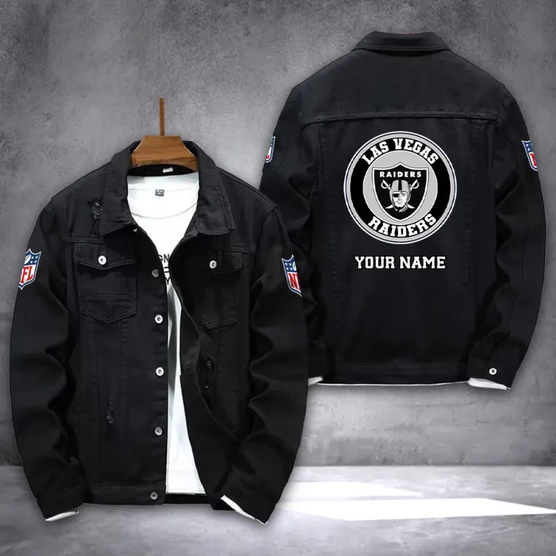 Las Vegas Raiders NFL Team Name Personalized Back Logo Black Denim Jacket