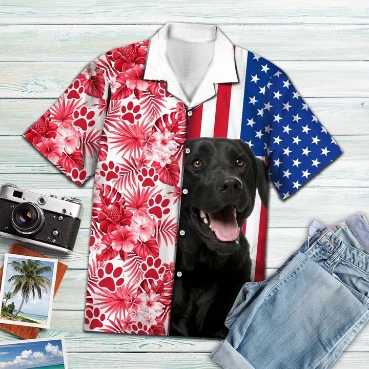 Black Labrador Retriever Usa And Watercolor Tropical Red Plants Hawaiian Shirt