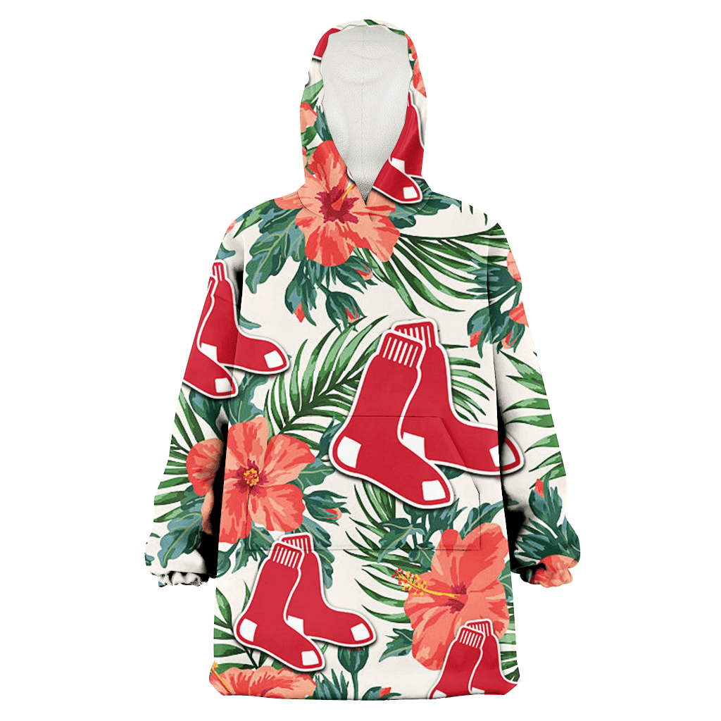 Boston Red Sox Coral Hibiscus Green Leaf Beige Background 3D Printed Hoodie Blanket Snug Hoodie