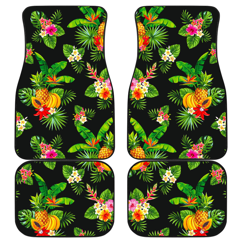 Black Tropical Hawaiian Pattern Print Front And Back Car Floor Mats, Front Car Mat