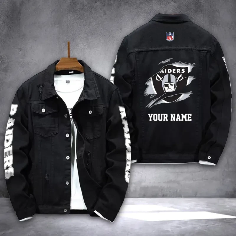 Las Vegas Raiders NFL Team Name Personalized Sleeve Back Logo Black Slick Pattern Denim Jacket