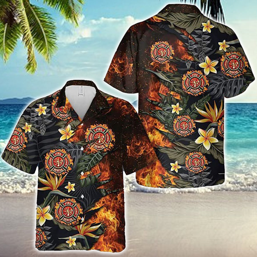 Firefighter Fire Floral Tropical Hawaiian Shirt, Gift For Firefighter