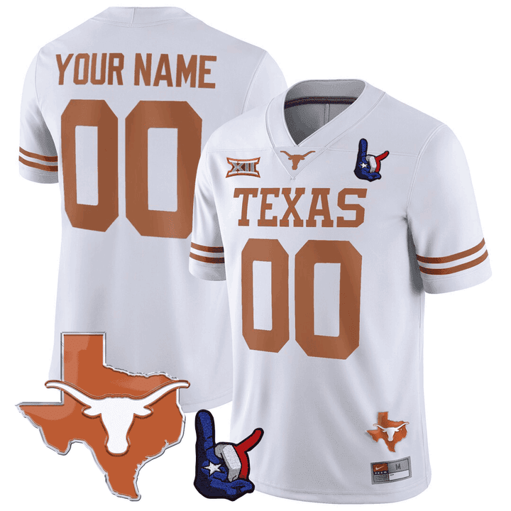 Texas Longhorns Throwing Up The H & Texas State Map Patch Custom Jersey ...