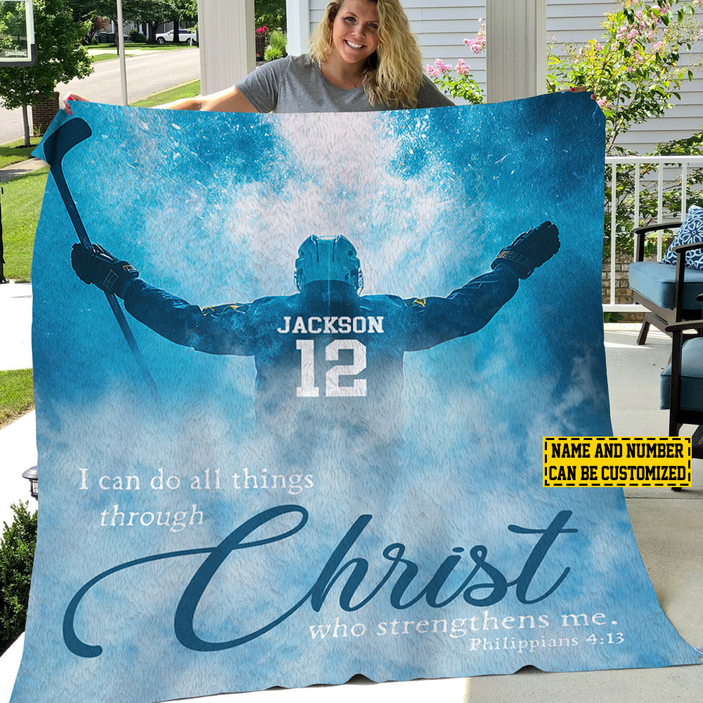 Personalized Hockey Boy Fleece Blanket - Sherpa Blanket, I Can Do All Things, Gift For Hockey Lovers X Peckshirt