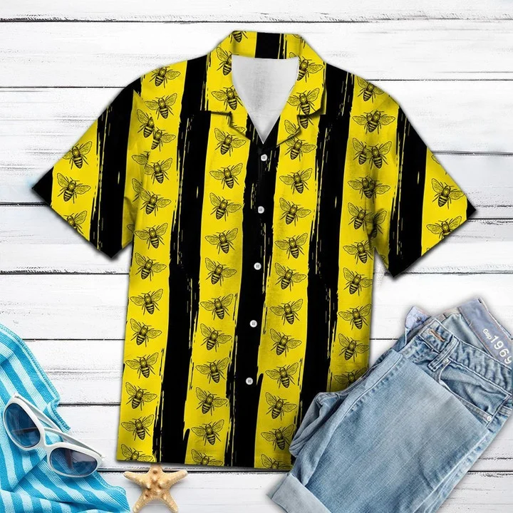 Black Stripes In Yellow Bees Design Hawaiian Shirt