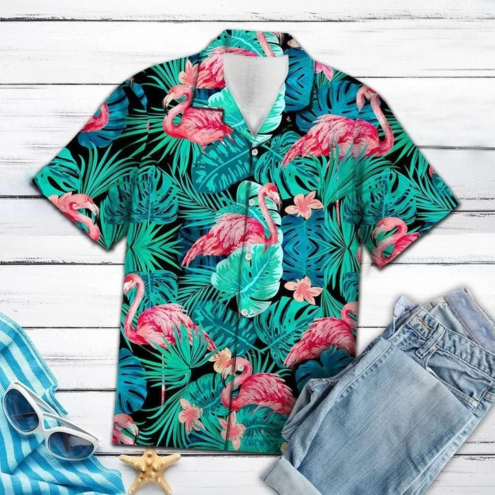 Green Leave Flamingo Ornamental Hawaiian Shirt