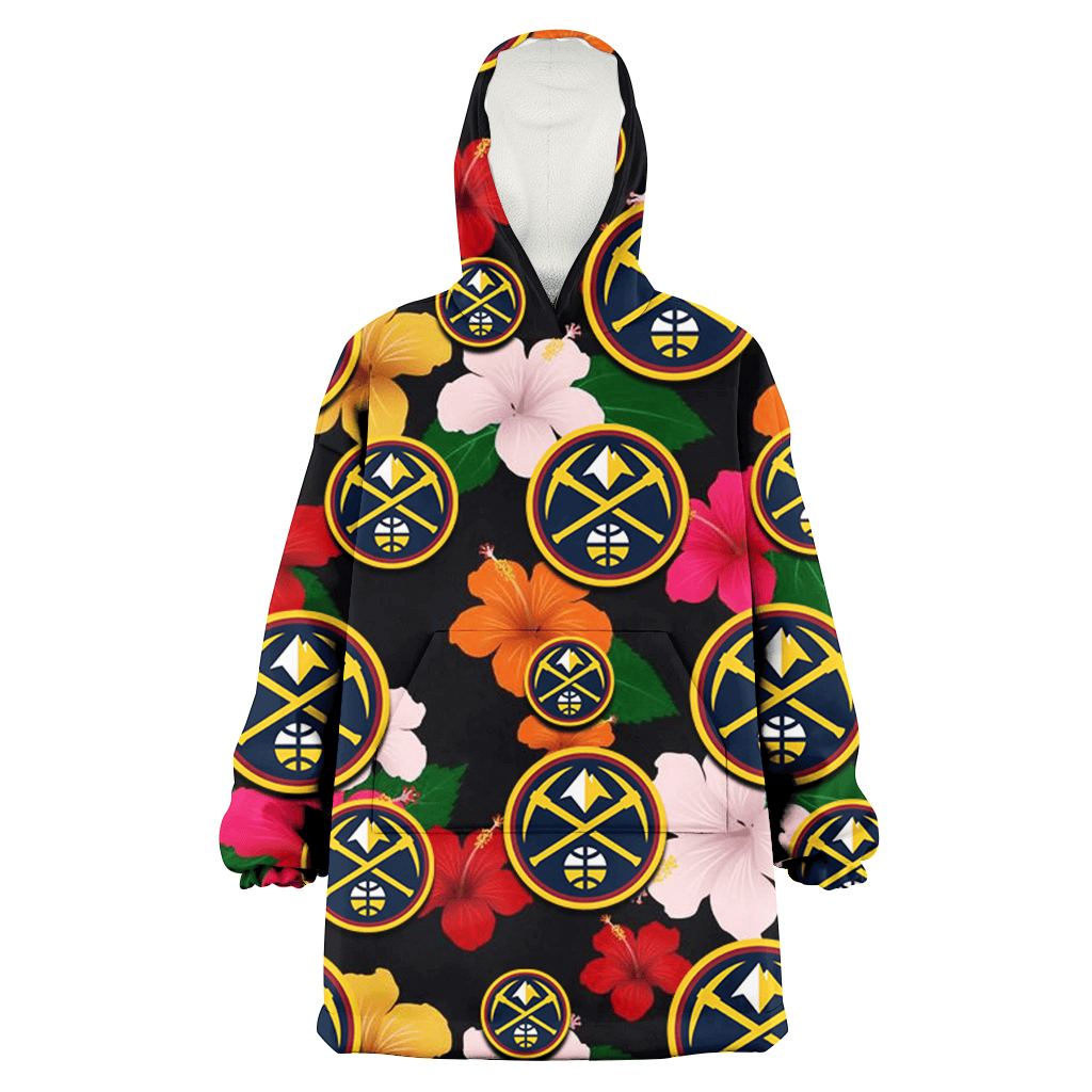 Denver Nuggets Pink Orange Yellow White Hibiscus Black Background 3D Printed Hoodie Blanket Snug Hoodie