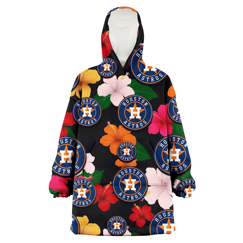 Houston Astros Pink Orange Yellow White Hibiscus Black Background 3D Printed Hoodie Blanket Snug Hoodie
