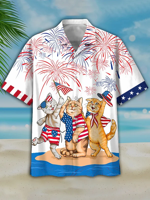 Men’S 4Th Of July Cat Hawaiian Shirt – Independence Day Hawaiian Shirt, Usa Patriotic Hawaiian Shirt