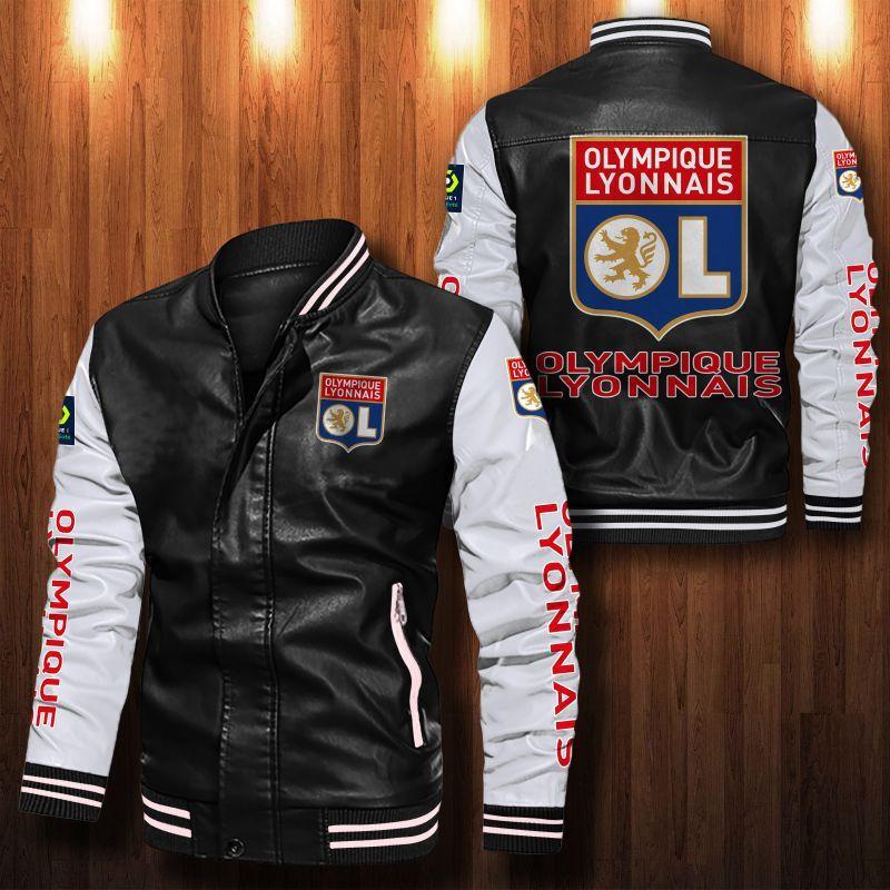 Olympique Lyonnais Leather Varsity Jacket Bomber Coat