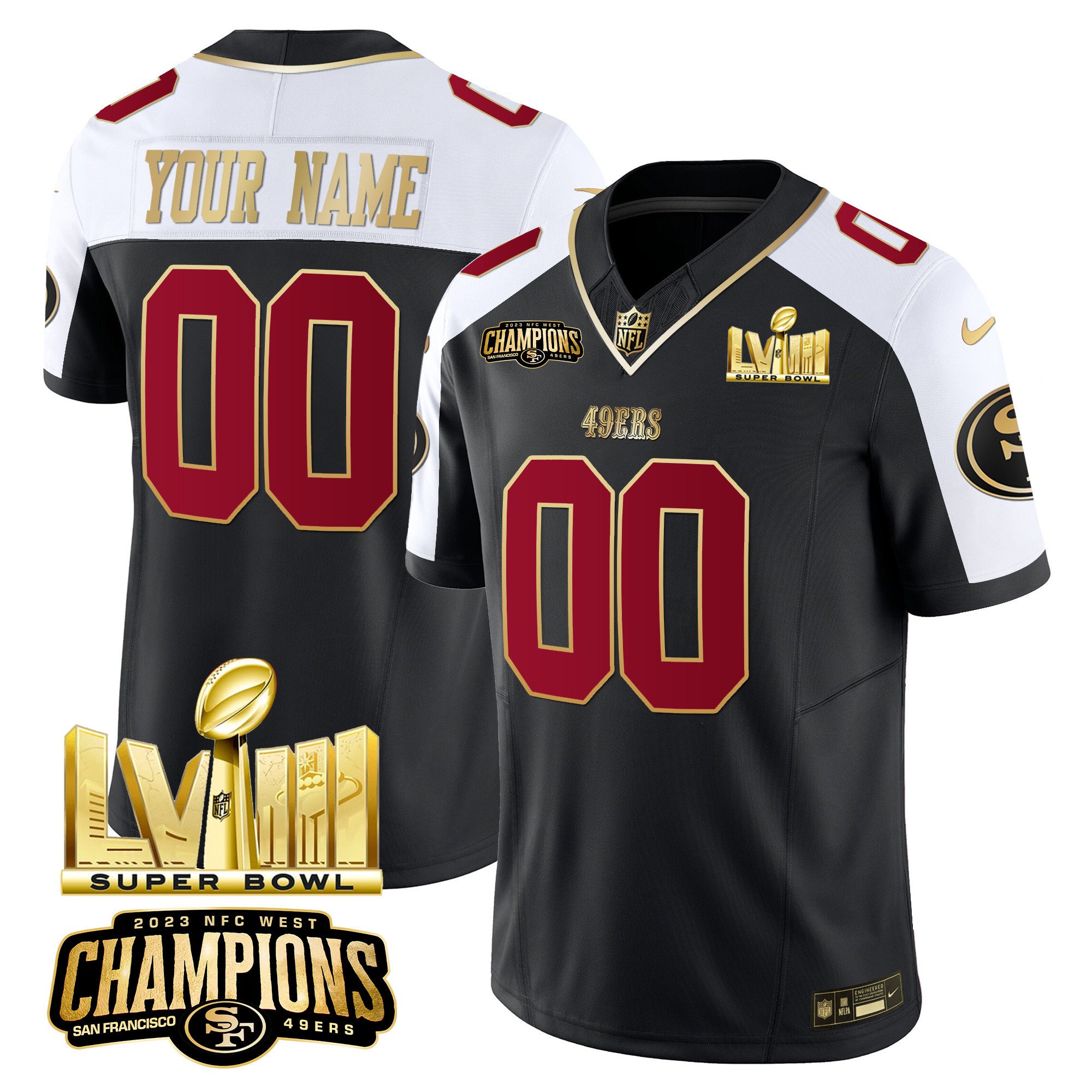 49Ers Nfc West Champions & Super Bowl Lviii Gold Patch Vapor Custom Jersey – All Stitched