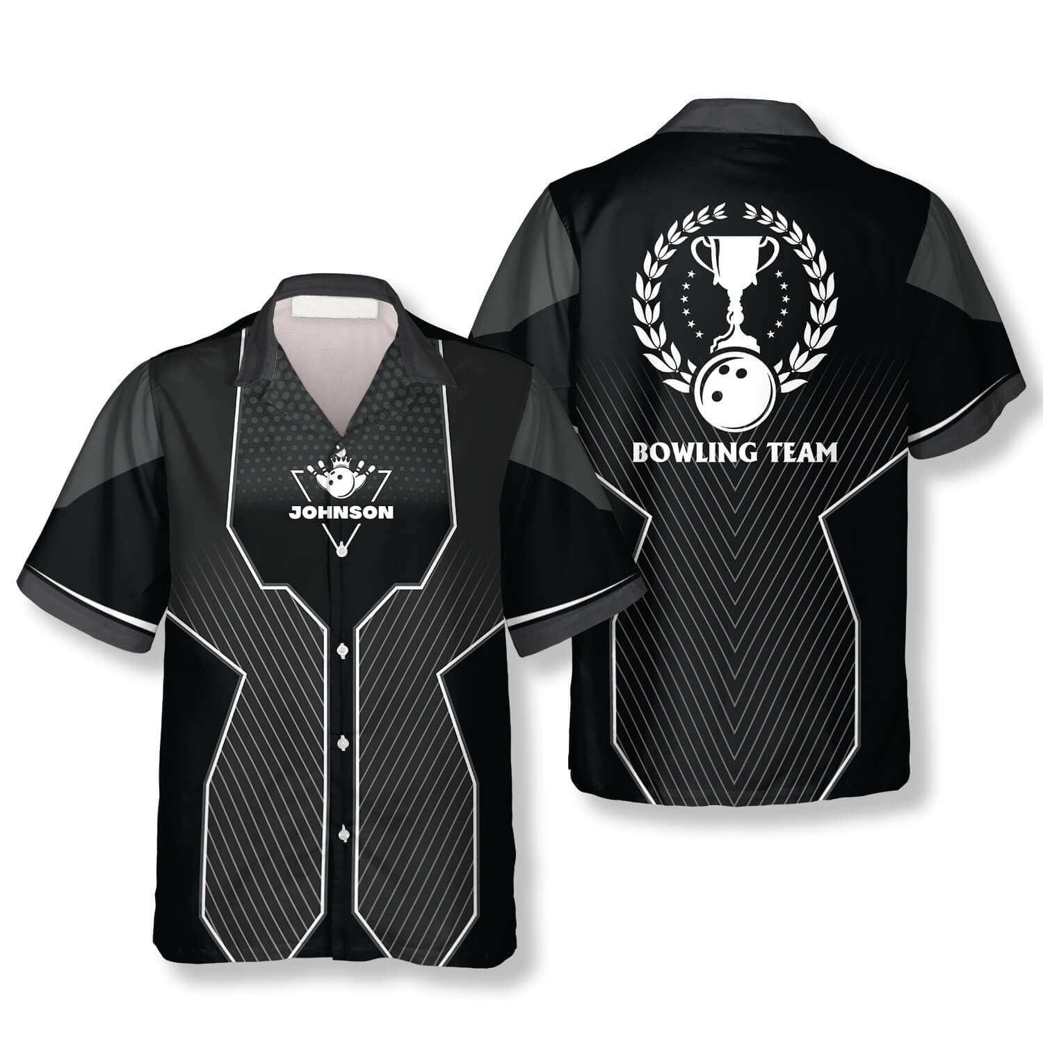 Black Sports Style Trophy Emblem Custom Bowling Hawaiian Shirt, Uniform Shirt For Team Bowling