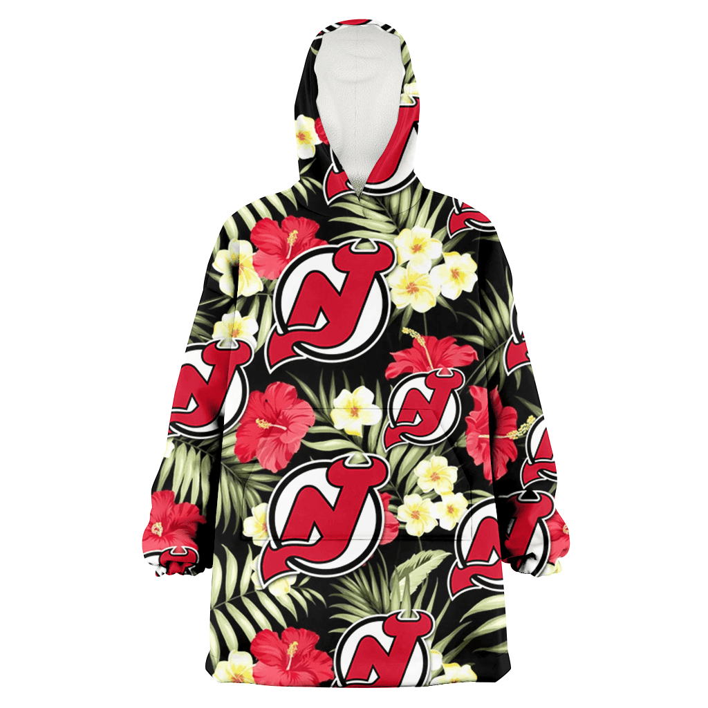 New Jersey Devils Red Hibiscus Yellow Porcelain Flower Black Background 3D Printed Hoodie Blanket Snug Hoodie