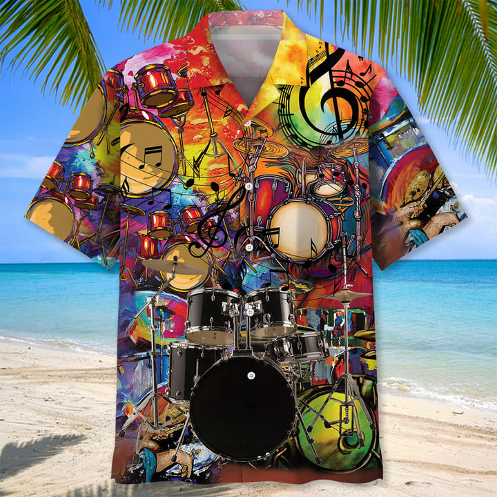 Drum Color Hawaiian Shirt, Short Sleeve Summer Vacation Beach Shirts For Men