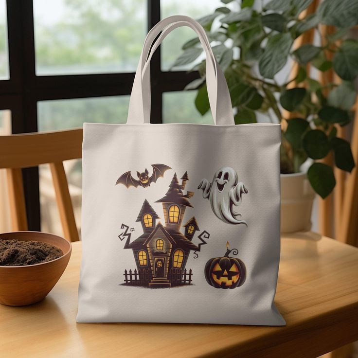 Halloween Tote Bag, Haunted House Design, Ghost Pumpkin and Bat, Trick or Treat Bag, Spooky Tote, Reusable Halloween Bag, Best Tote Bags Ideas, Cute Tote Bags Ideas, Tote Bag Design Ideas, Girls Tote Bag, Best Canvas Tote Bags Ideas